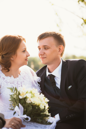 portrait of a couple bride and groom on the background  fieldの写真素材