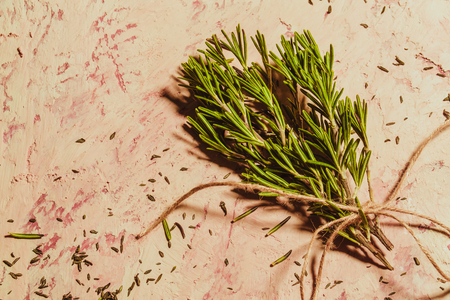 bundle of sprigs of rosemary on a textural backgroundの写真素材