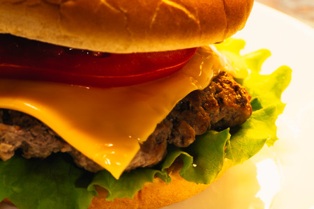 Cheeseburger close-up on a plateの写真素材