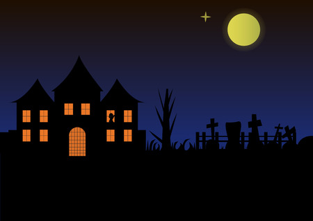 Halloween landscape house castle with burning windows and gothic viewsのイラスト素材