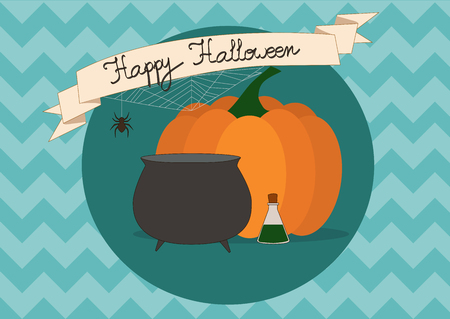 Inscription halloween, pumpkin and witchs kettle on blue zigzag backgroundのイラスト素材