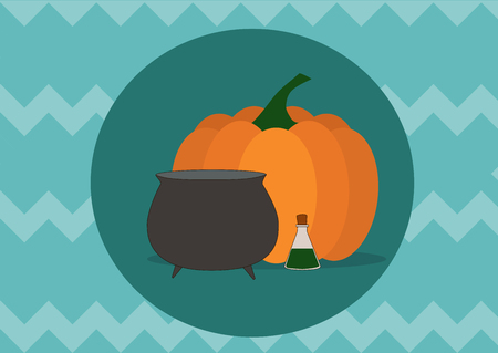 Pumpkin and bowler hat on blue zigzag backgroundのイラスト素材