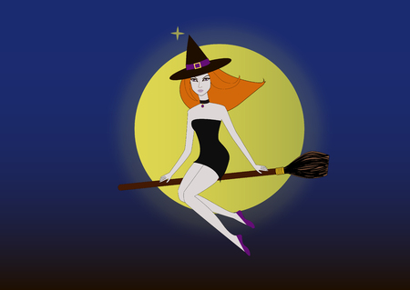 sexy witch in purple dress over a dark halloween night skyの写真素材