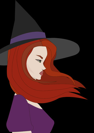 head of a witch in a purple hat on a dark backgroundの写真素材