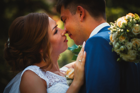 couple groom and bride hugging and kissing on nature park backgroundの写真素材
