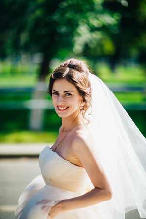 The beautiful brunette bride on a walk in parkの写真素材