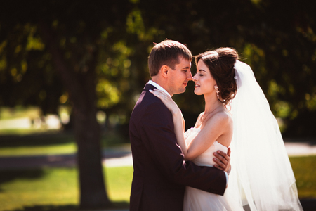 young couple groom and the bride on the park background.の写真素材