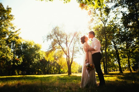 The bride and groom in the background of park treesの写真素材