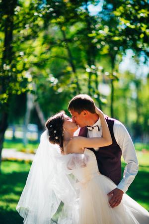 The bride and groom in the background of the park.の写真素材