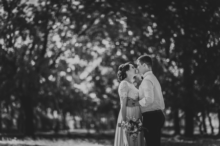 The bride and groom in the background of park treesの写真素材