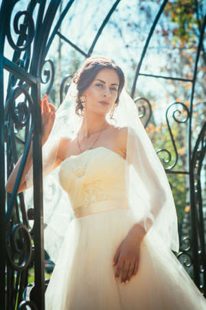 Young beautiful bride standing in a park gazebo.の写真素材