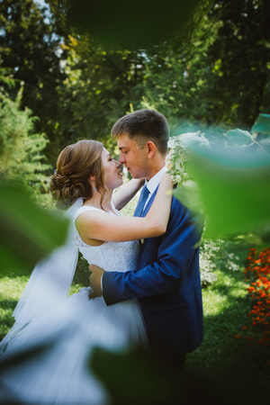 A groom and a bride hugging and kissing on nature park backgroundの写真素材