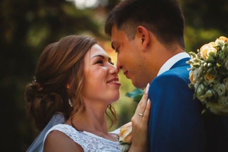 couple groom and bride hugging and kissing on nature park backgroundの写真素材