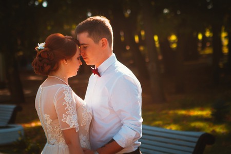 groom and the bride against the trees of the parkの写真素材
