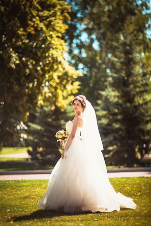 The beautiful brunette bride on a walk in parkの写真素材