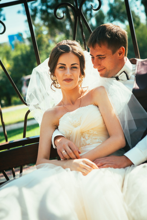 the bride and groom in the gazebo in the parkの写真素材