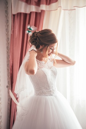 portrait of a young bride on a light backgroundの写真素材