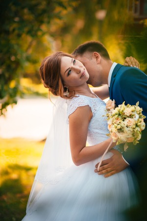couple groom and bride hugging and kissing on nature park backgroundの写真素材