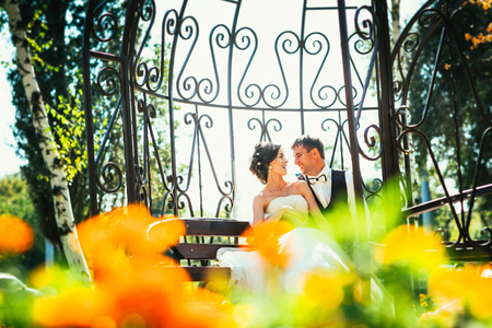 the bride and groom in the gazebo in the parkの写真素材
