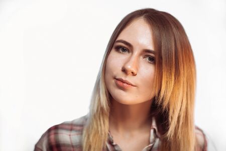 portrait smiling girl on white background in studioの写真素材