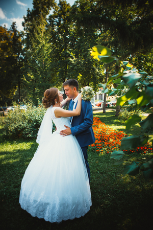 couple groom and bride hugging and kissing on nature park backgroundの写真素材