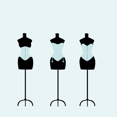 Several light mannequins with corsets on a light blue backgroundのイラスト素材