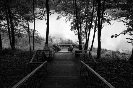 Black and white photo large staircase descending to the lakeの写真素材
