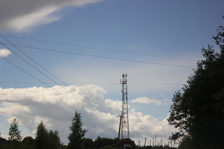 Meadow with many flowers against the sky and cloudsの写真素材