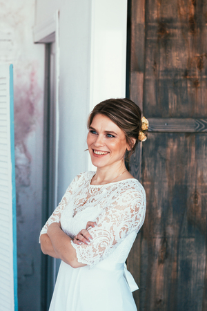 portrait of a bride in white studio.の写真素材