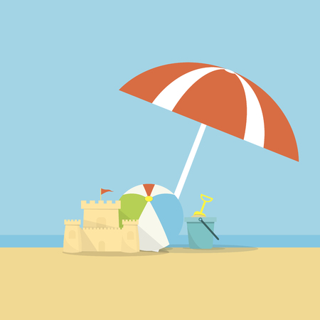 Beach umbrella, ball and a bucket with a shovel on sea background.のイラスト素材