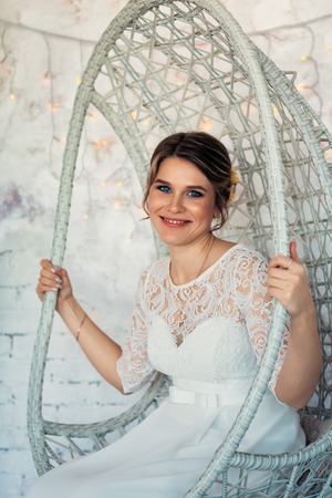 portrait of a bride in white studio.の写真素材