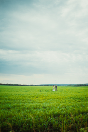 bride and groom stand on the background of the field.の写真素材