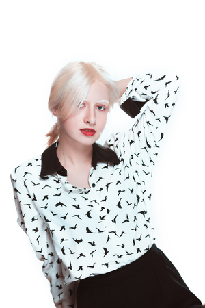 portrait of blonde albino girl in studio.の写真素材