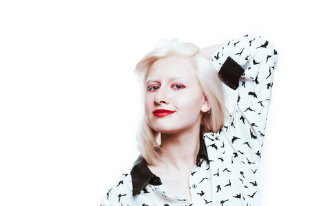 portrait blonde albino girl in studio on white background.の写真素材