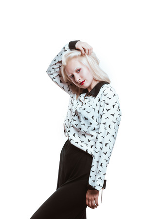 portrait blonde albino girl in studio on white background.の写真素材