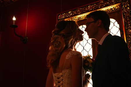 bride and groom on the background of the Kolomna Palace.の写真素材