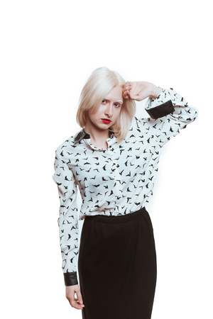 portrait blonde albino girl in studio on white background.の写真素材