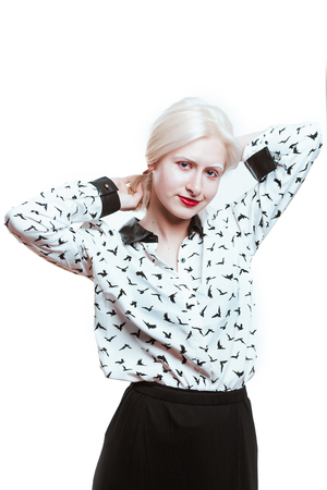portrait blonde albino girl in studio on white background.の写真素材