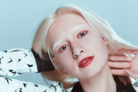 portrait of blonde albino girl in studio.の写真素材