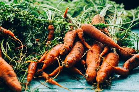lot of carrots on a wooden background.の写真素材