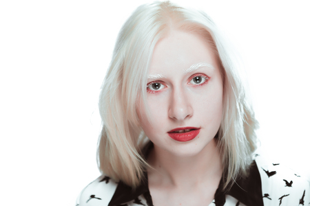portrait of blonde albino girl in studio.の写真素材