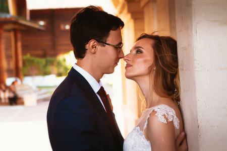 bride and groom on the background of the Kolomna Palace.の写真素材