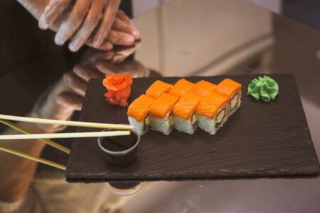 Classic roll philadelphia on black slate plate.の写真素材