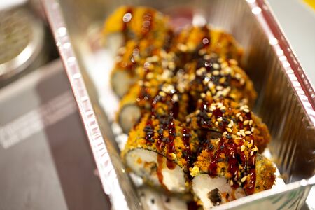 Hot baked set of rolls in metal box.の写真素材