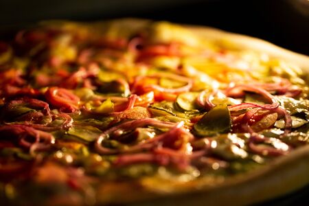 Pizza baked in an electric oven close-up.の写真素材