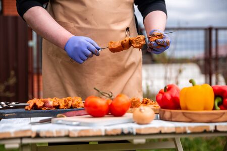 barbecue bell pepper mushrooms cook lie on the table on natureの写真素材