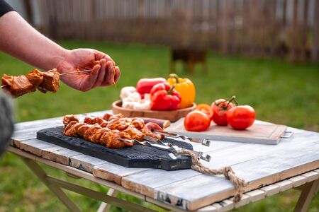 barbecue bell pepper mushrooms cook lie on the table on natureの写真素材