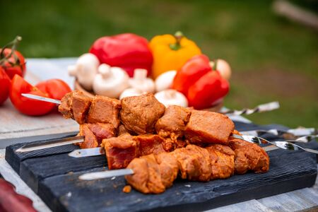 meat bell pepper mushrooms lie on the table in natureの写真素材