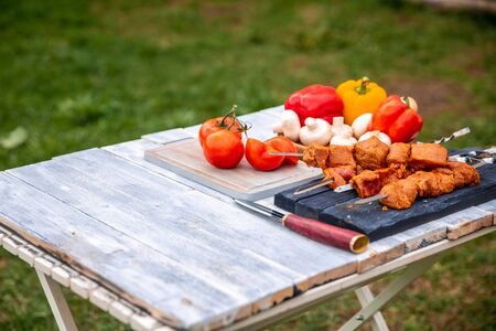 meat bell pepper mushrooms lie on the table in natureの写真素材