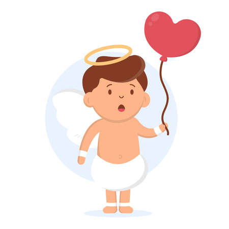 Valentine's Day. A boy cupid with a halo above his head holds a heart-shaped balloon in his hands...